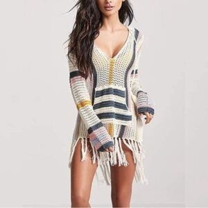 She & Sho Crochet Stripe Beach Swim Cover Up Dress Cream Multi Small NWT